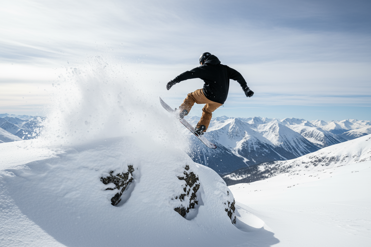 ein foto von einem snowboarder, der über einen fels hinabspringt im tiefschnee mit dem snowboard. er macht einen Stalefish grab. er hat einen schwarzen oversized pulover an und eine braune hose. das bild ist so gemacht das man seinen rücken sieht, er ist also von hinten fotografiert. im hintergrund sind schneeberge